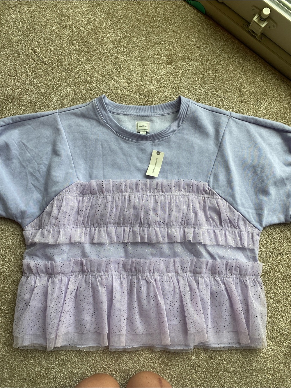 New Anthropologie Maeve Lavender Tulle Ruffle Short Sleeve Sweatshirt